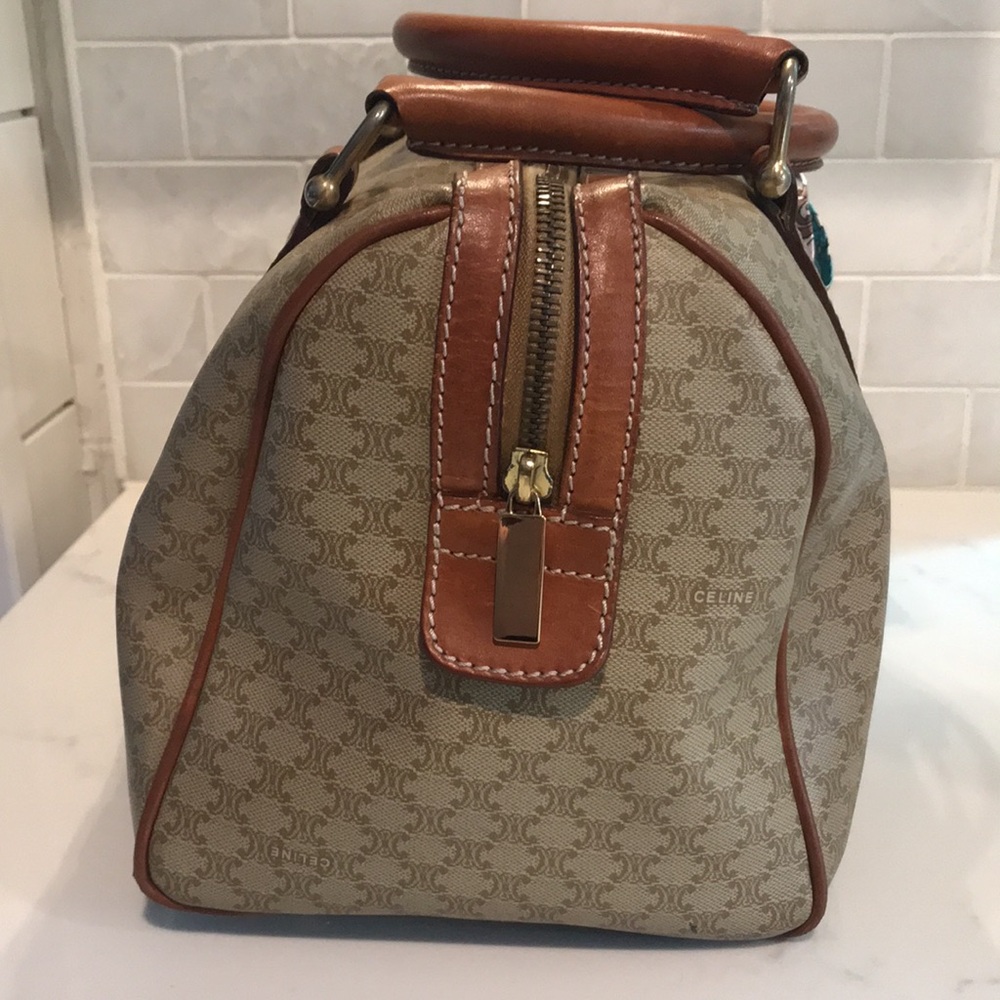Celine Tan and Brown Satchel with Patterned Scarf - Picture 3 of 16